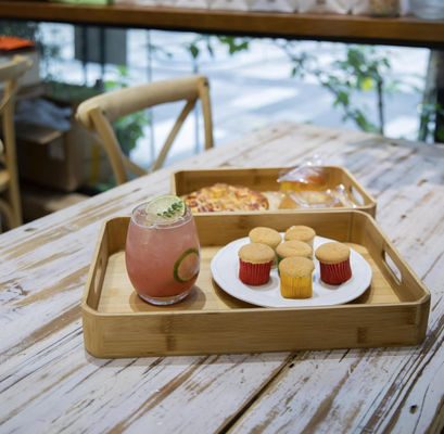 Wholesale Customized 2 Pack Large Handmade Bamboo Breakfast Dinner Catering Tray Wood Riser Tray With Handles