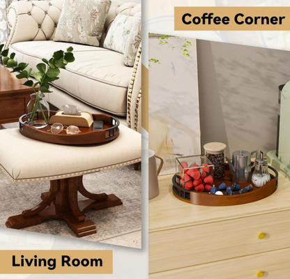 Rustic Solid Oak Wood Multifunctional Wood Nuts Serving Tray Round Wooden Decorative Ottoman Tray